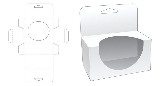 Hanging packaging box with ellipse shaped window die cut template