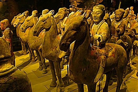Digital painting style representing the statues of ancient Chinese warriors on horseback