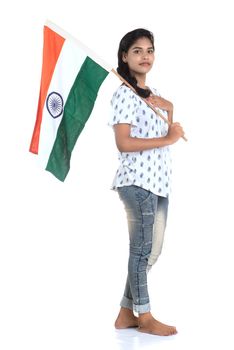 Girl with Indian flag or tricolour on white background, Indian Independence day, Indian Republic day