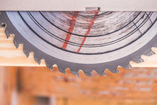 Woodwork at a carpenter: Close up of circular saw blade 