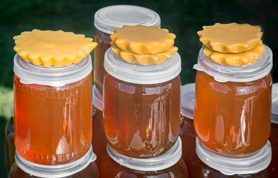 A variety of varieties of honey in jars offered for sale at the 