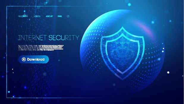 Internet security for computer, vpn safety cyber shield concept. Data security illustration protection shield. Privacy secure blue technology background.