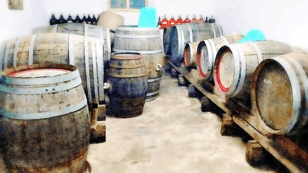 Barrels and bottles in a cellar for the processing of wine. Digital color painting.