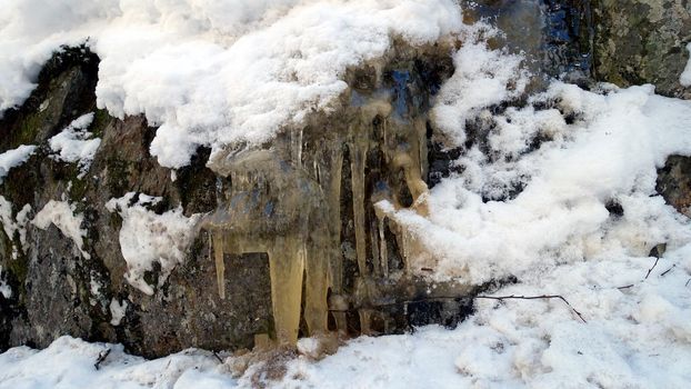 Ice stalactites on a rock on a winter morning