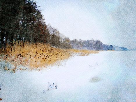 Digital watercolor style of a glimpse of the frozen lake shore in northern Scandinavia