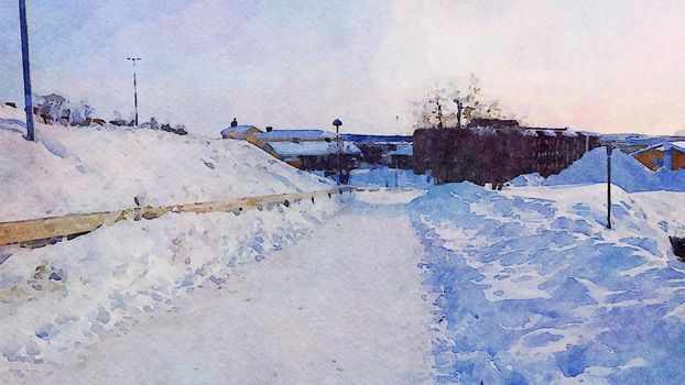 Digital watercolor style of an evening glimpse of a road during winter in northern Scandinavia