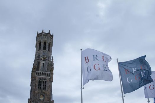 Belgium, Bruges, the belfry with the flags of the city