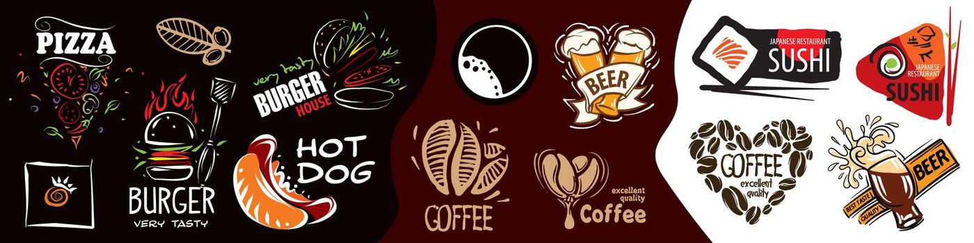 Vector set of drawn signs of fast food, coffee, pizza, burgers, hot dogs, sushi, beer.