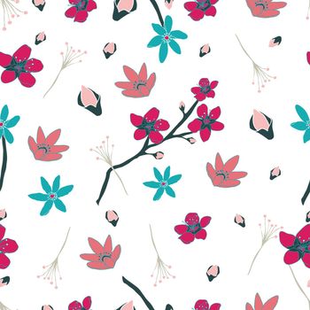 Colorful blossoming budding flowers seamless pattern white print