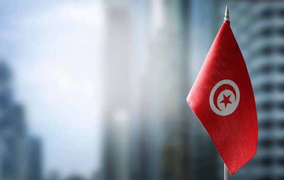 A small flag of Tunisia on the background of a blurred background