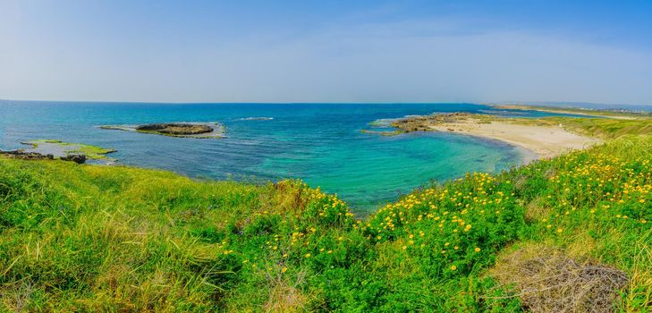 Panoramic view of the beach, coves and cliffs in Dor beach