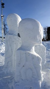 Art, ice sculptures in a square in the snowy center of Kiruna in northern Sweden during the winter