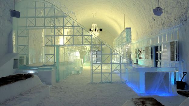 Jukkasjarvi, Sweden, February 27, 2020. a glimpse of the ice hotel bar