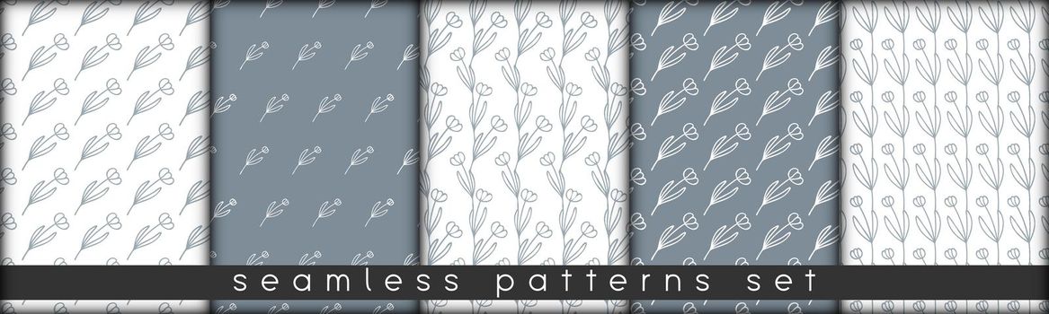 set of combinable seamless patterns. botanical floral hand drawn lineart elements dots spots, ultimate gray and white. design for packaging wrapping fabric textile