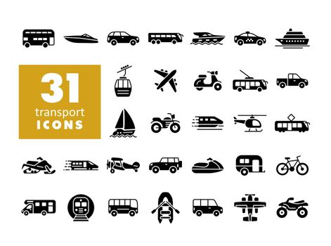 Transportation vector flat glyph icon set. Graph symbol for travel and tourism web site and apps design, logo, app, UI