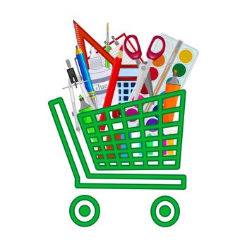 Shopping cart with stationery and office supplies isolated on white background.