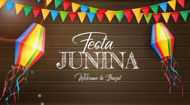 Festa Junina Background with Party Flags, Lantern. Brazil June Festival  Background for Greeting Card, Invitation on Holiday. Vector Illustration.