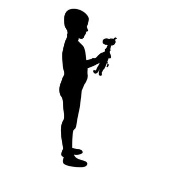 Silhouette boy holds toy child hold giraffe preschool brother holding amigurumi son with gifts teddy plaything presents friend for children kid black color vector illustration flat style image