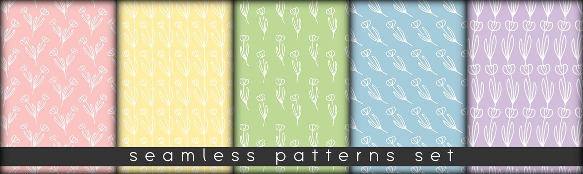 combinable seamless patterns set delicate pastel colors tulip. botanical floral hand drawn lineart elements dots spots. design for packaging wrapping fabric textile