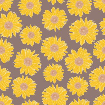 Vector seamless pattern of yellow sunflowers with white outline on taupe background