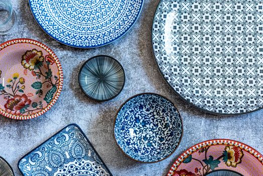 Beautiful traditional Moorish porcelain ceramic plates. illustrated middle eastern design. Marrakech Morocco