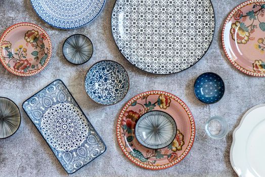 Beautiful traditional Moorish porcelain ceramic plates. illustrated middle eastern design. Marrakech Morocco