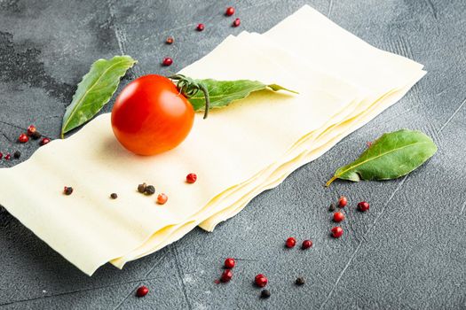 Lasagna dough sheets, with seasoning and herb, on gray stone background