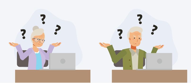 The old people who have troubled with techonology. Grandparent don't know how to use computer. Get confuse. flat vector cartoon character illustration