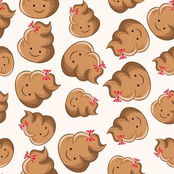 Seamless pattern with kawaii poop on white background. Cartoon poo, feces icons. Shit patterns, evil turd. Vector illustration for invitation, poster, card, fabric, textile. Doodle style
