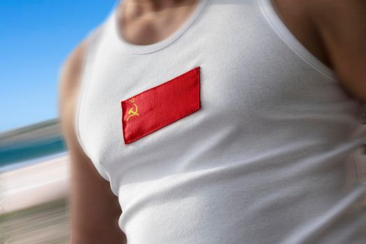 The national flag of USSR on the athlete's chest