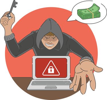 Ransomware Attack Scam Malware on Laptop Computer Cartoon Illustration