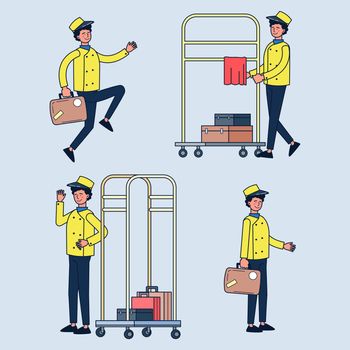 Bellboy hotel service and Luggage trolley and carrying suitcases. Bellboy hotel worker in uniform of hotel staff. 