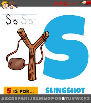 letter S worksheet with cartoon slingshot object