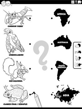 match animals and continents game coloring book page