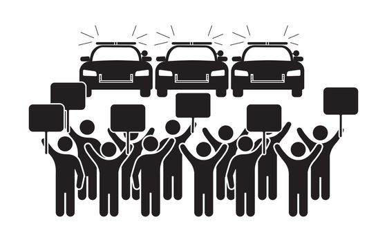 Protesters Signs Protesting In Front of Police Cop Cars. Black Illustration Isolated on a White Background. EPS Vector