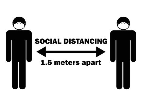 Social Distancing 1.5 Meters Apart Stick Figure with Mask. Illustration arrow depicting social distancing guidelines and rules during covid-19. EPS Vector 