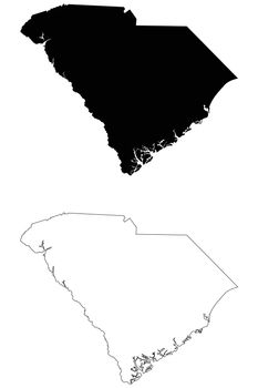 South Carolina SC state Map USA. Black silhouette and outline isolated maps on a white background. EPS Vector
