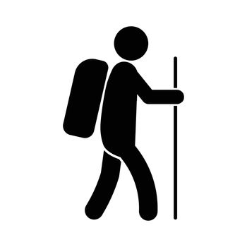 Stick Figure Man Backpacking Hiking Holding a Walking Stick. Black Illustration Isolated on a White Background. EPS Vector 