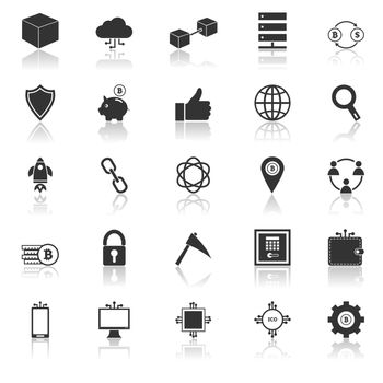 Blockchain icons with reflect on white background