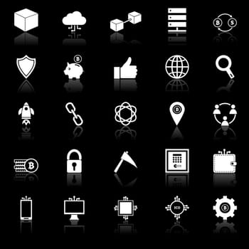 Blockchain icons with reflect on black background