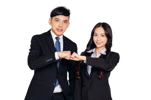 Happy asian young business man and woman with success gesture
