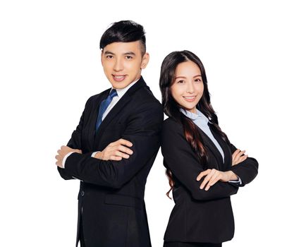 successful asian young business man and woman looking at camera