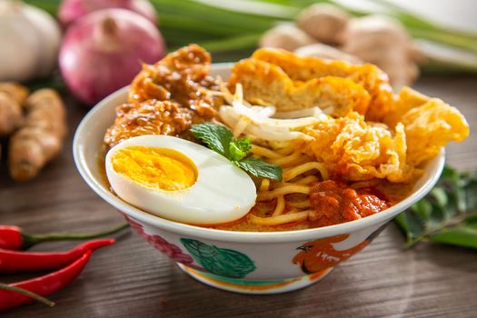 Curry Laksa which is a popular traditional hot and spicy noodle soup from the culture in Malaysia.
