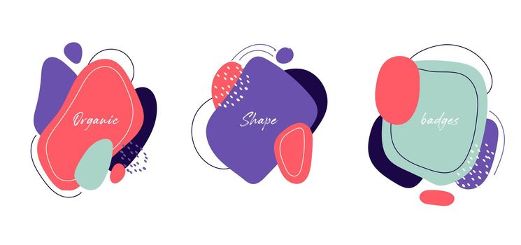 Set of badges modern abstract colorful organic shapes with lines on white background. Vector illustration