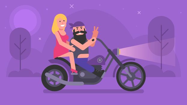 Biker and blonde girl ride motorcycle. Nature night background