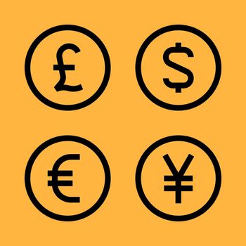 Banknotes pound sterling euro dollar yen. Set vector icons