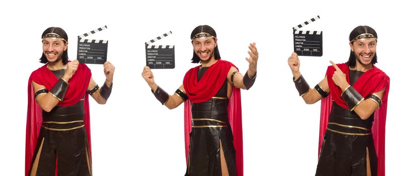 Gladiator with clapper-board isolated on white