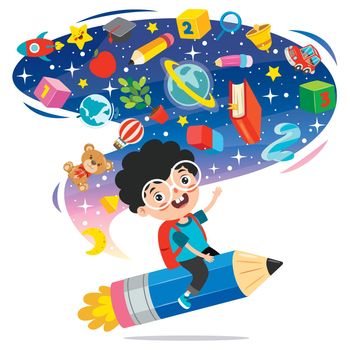 Funny Kid Flying On Colorful Pencil