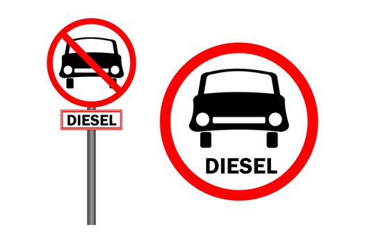 Road sign no diesel car isolated on white background.