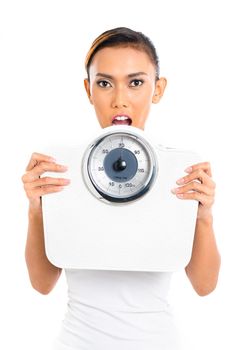 Asian woman with weight scale loosing weight